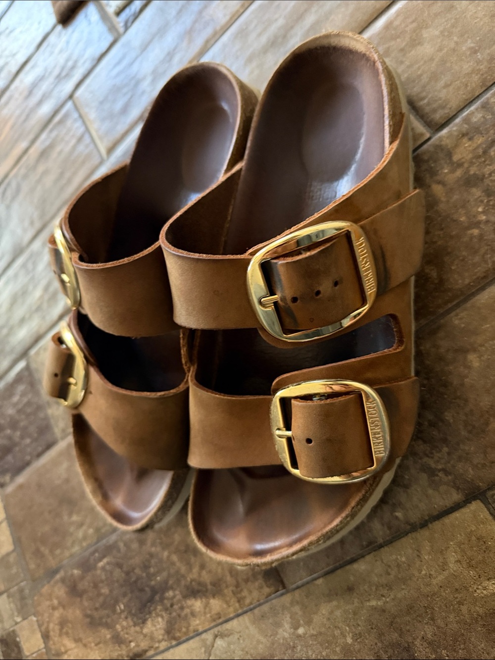 Birkenstock Brown Suede Double-Buckle Sandals with Gold Buckles